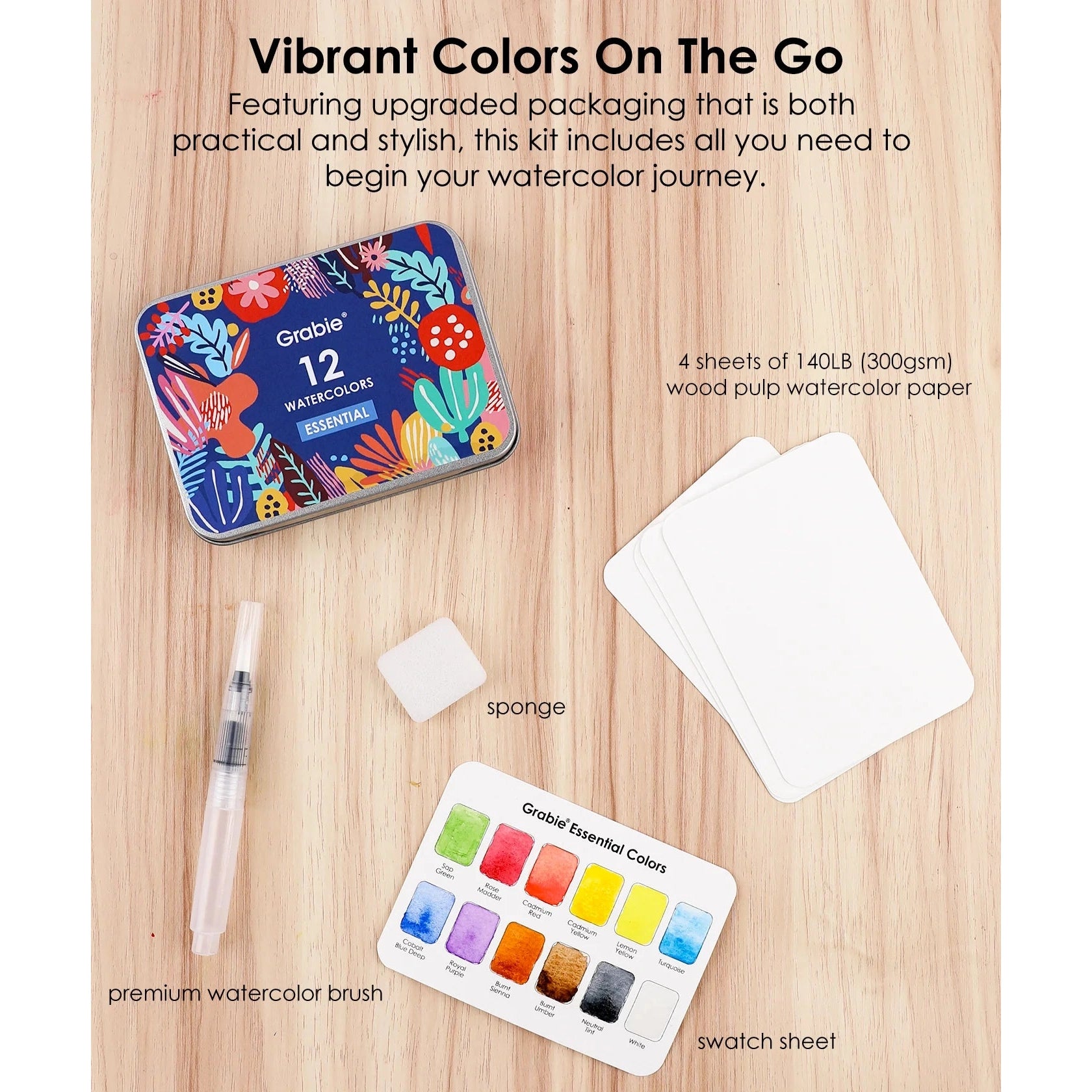 Pocket Watercolor Set of 12 with Brush: Essential Colors - DIGS