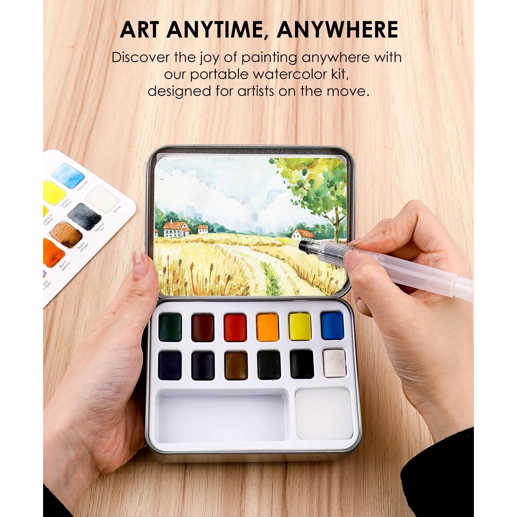 Pocket Watercolor Set of 12 with Brush: Essential Colors - DIGS