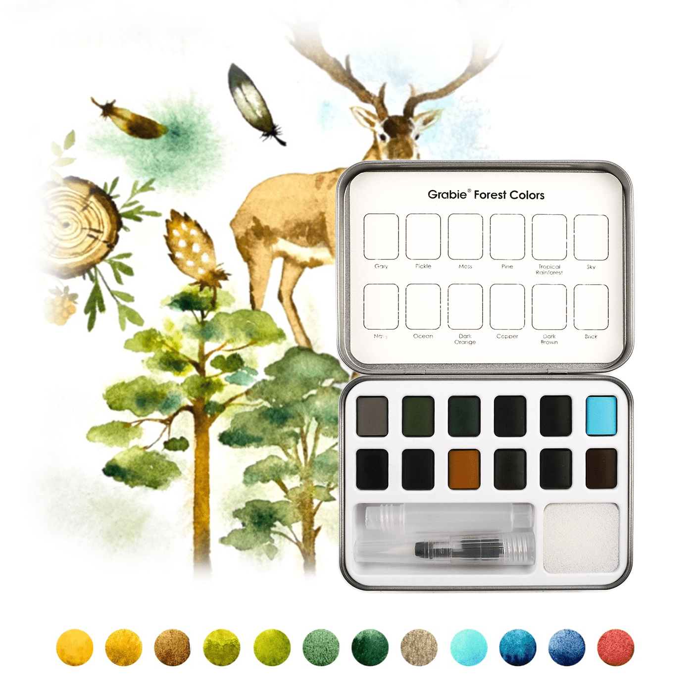 Pocket Watercolor Set of 12 with Brush: Forest Colors - DIGS