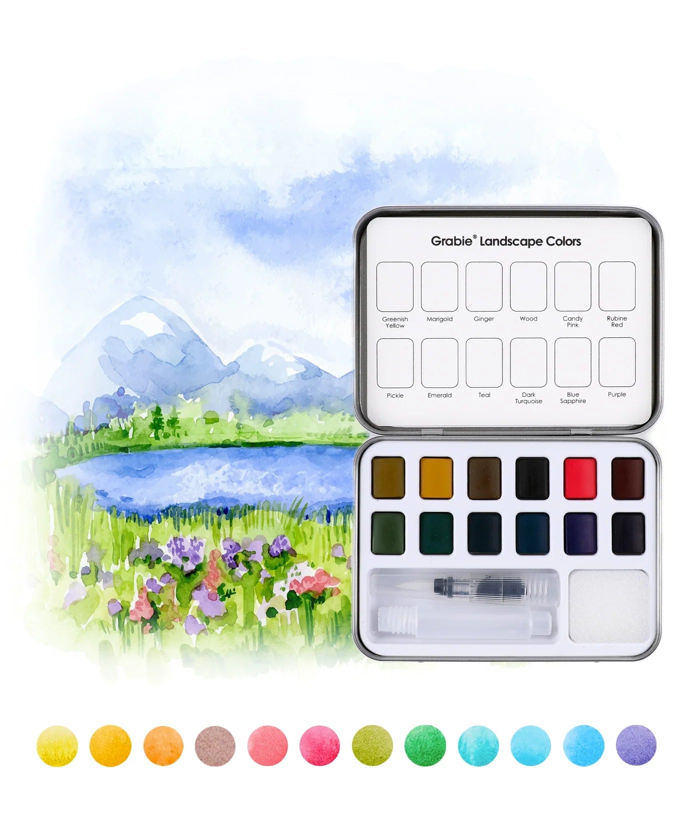 Pocket Watercolor Set of 12 with Brush: Landscape Colors - DIGS