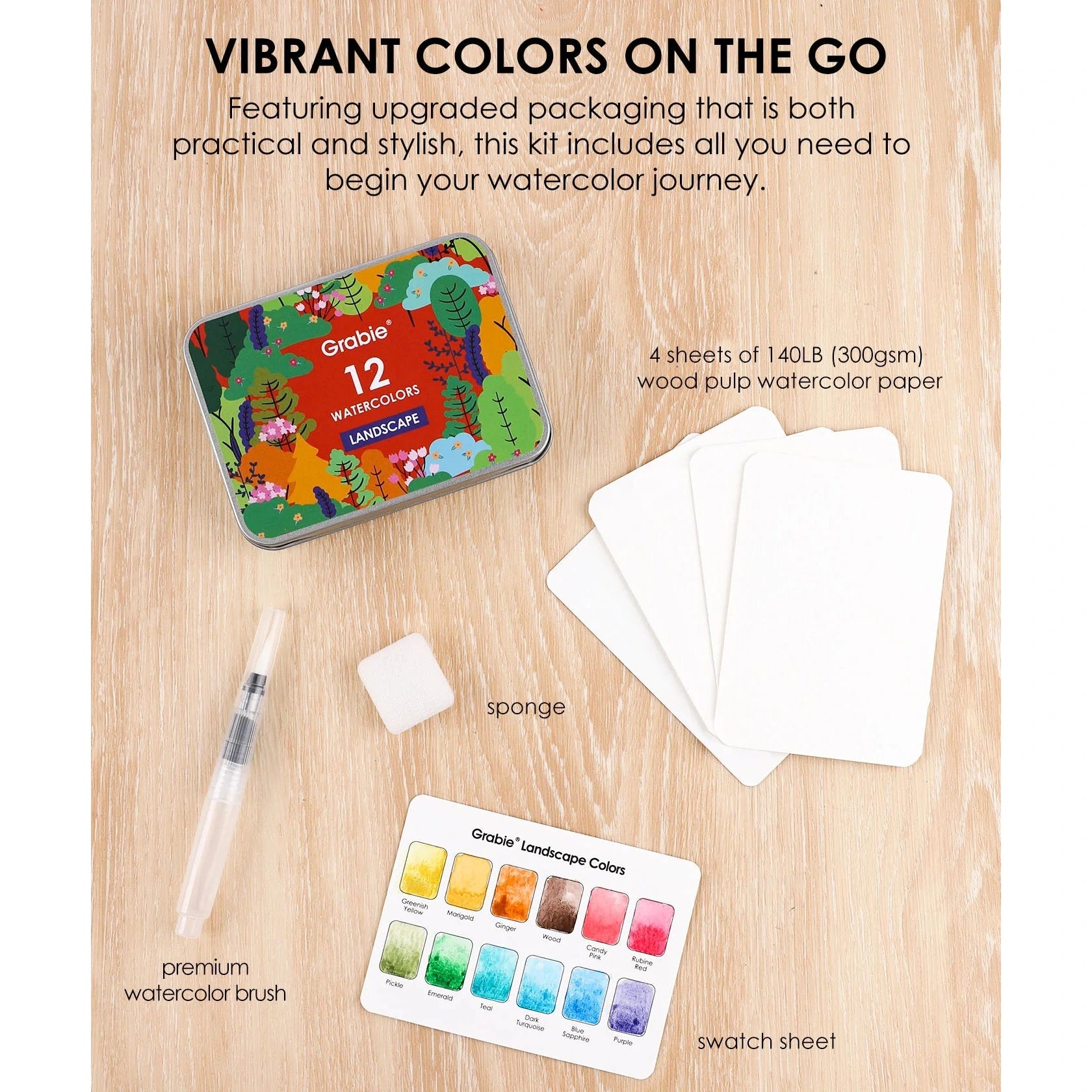 Pocket Watercolor Set of 12 with Brush: Landscape Colors - DIGS