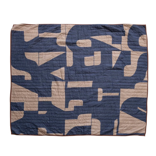 Blue And Beige Abstract Quilted Throw
