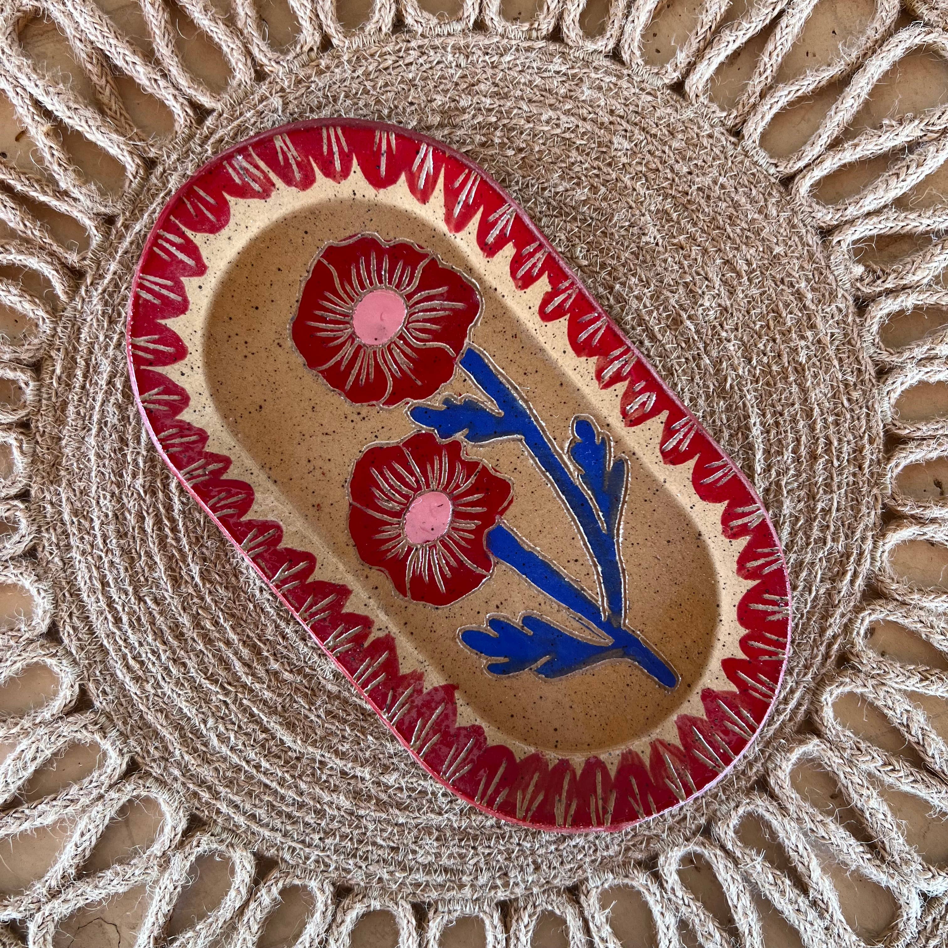 Red & Blue Blossom Sgraffito Dish - DIGS
