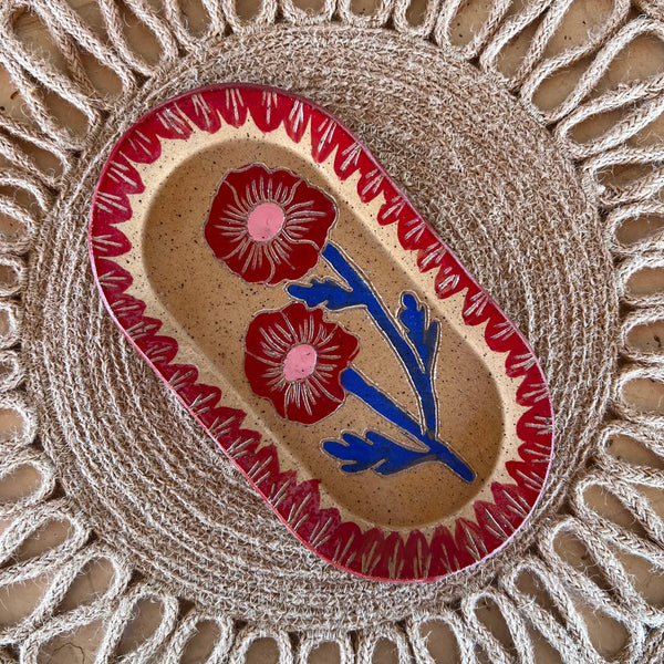 Red & Blue Blossom Sgraffito Dish - DIGS