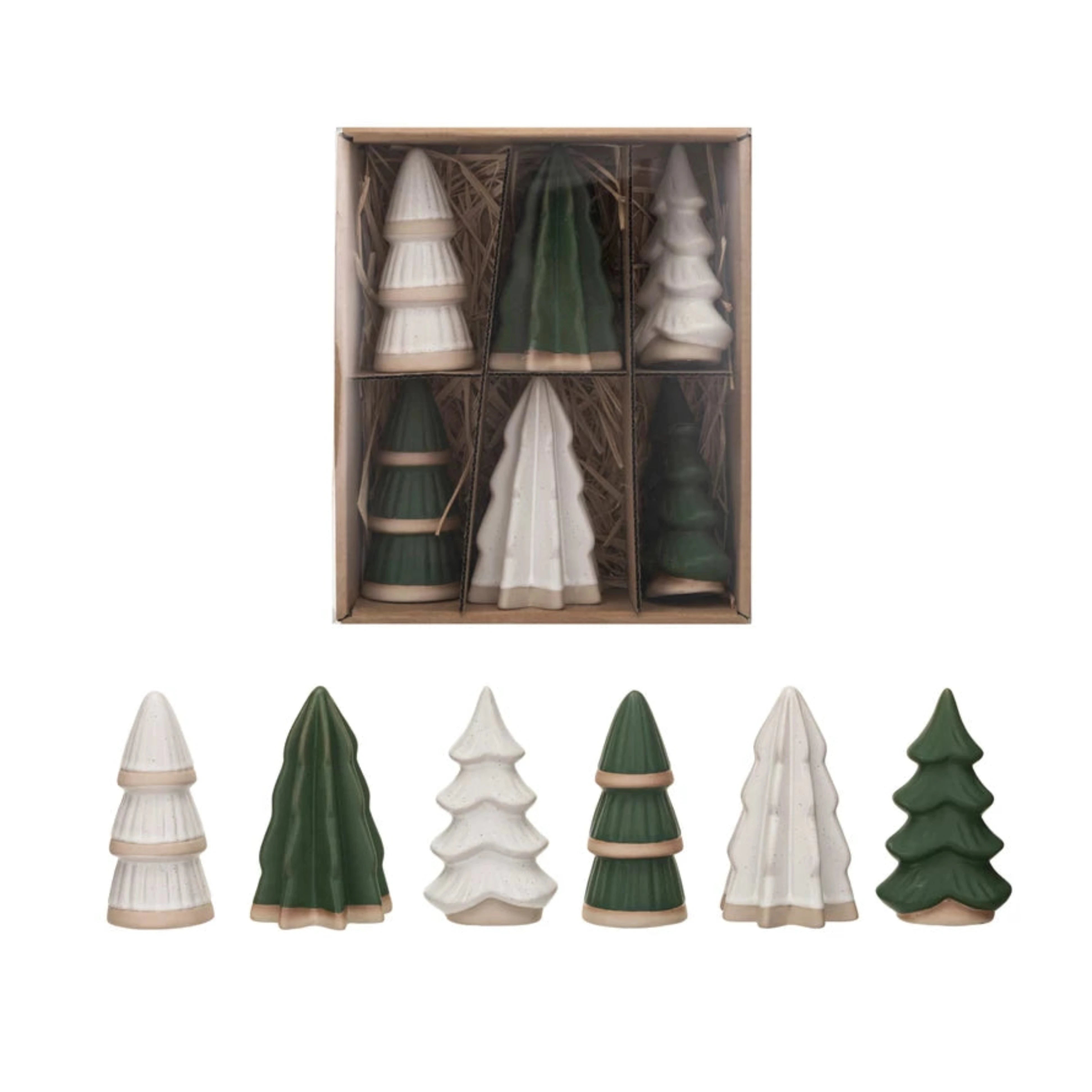 Small Green & White Stoneware Trees, Set/6 - DIGS