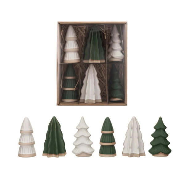 Small Green & White Stoneware Trees, Set/6 - DIGS