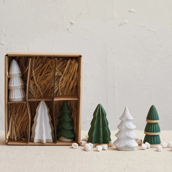 Small Green & White Stoneware Trees, Set/6 - DIGS