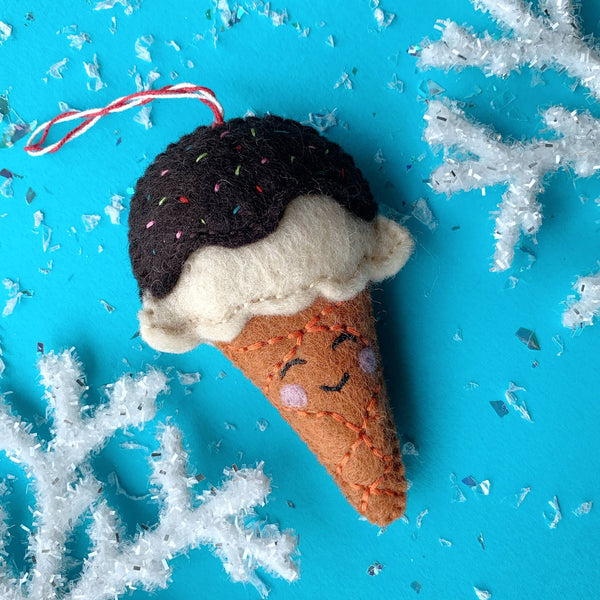 Smiling Ice Cream Cone Felt Wool Ornament - DIGS