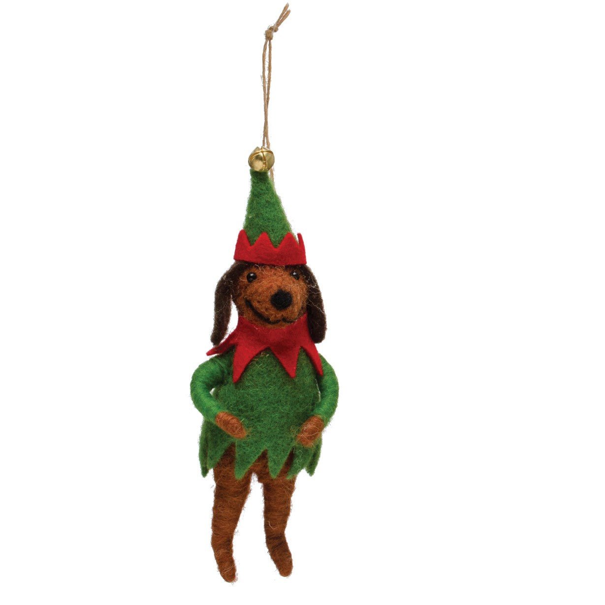 Wool Felt Dog in Tree/Elf Outfit Ornament - DIGS