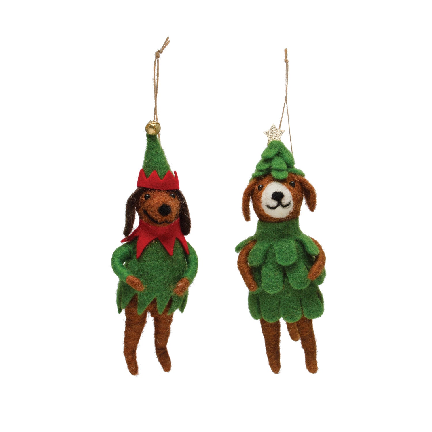 Wool Felt Dog in Tree/Elf Outfit Ornament - DIGS