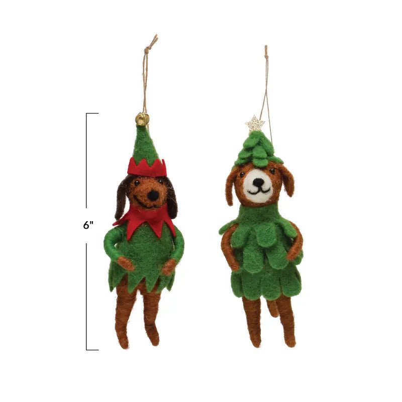 Wool Felt Dog in Tree/Elf Outfit Ornament - DIGS