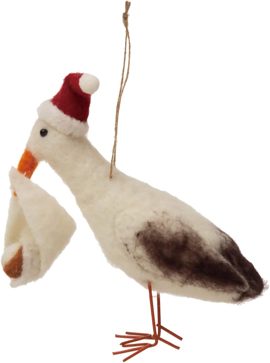 Wool Felt Stork in Santa Hat with Baby Ornament - DIGS
