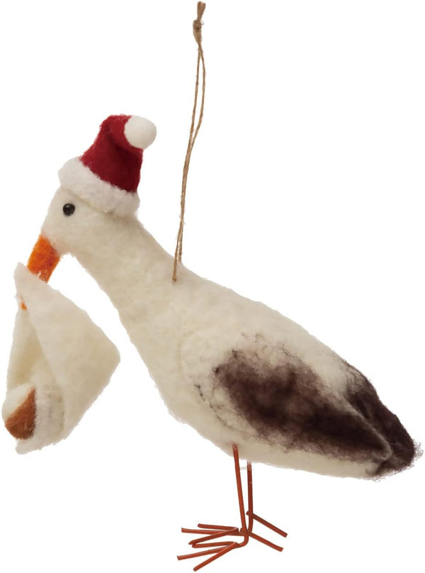 Wool Felt Stork in Santa Hat with Baby Ornament - DIGS