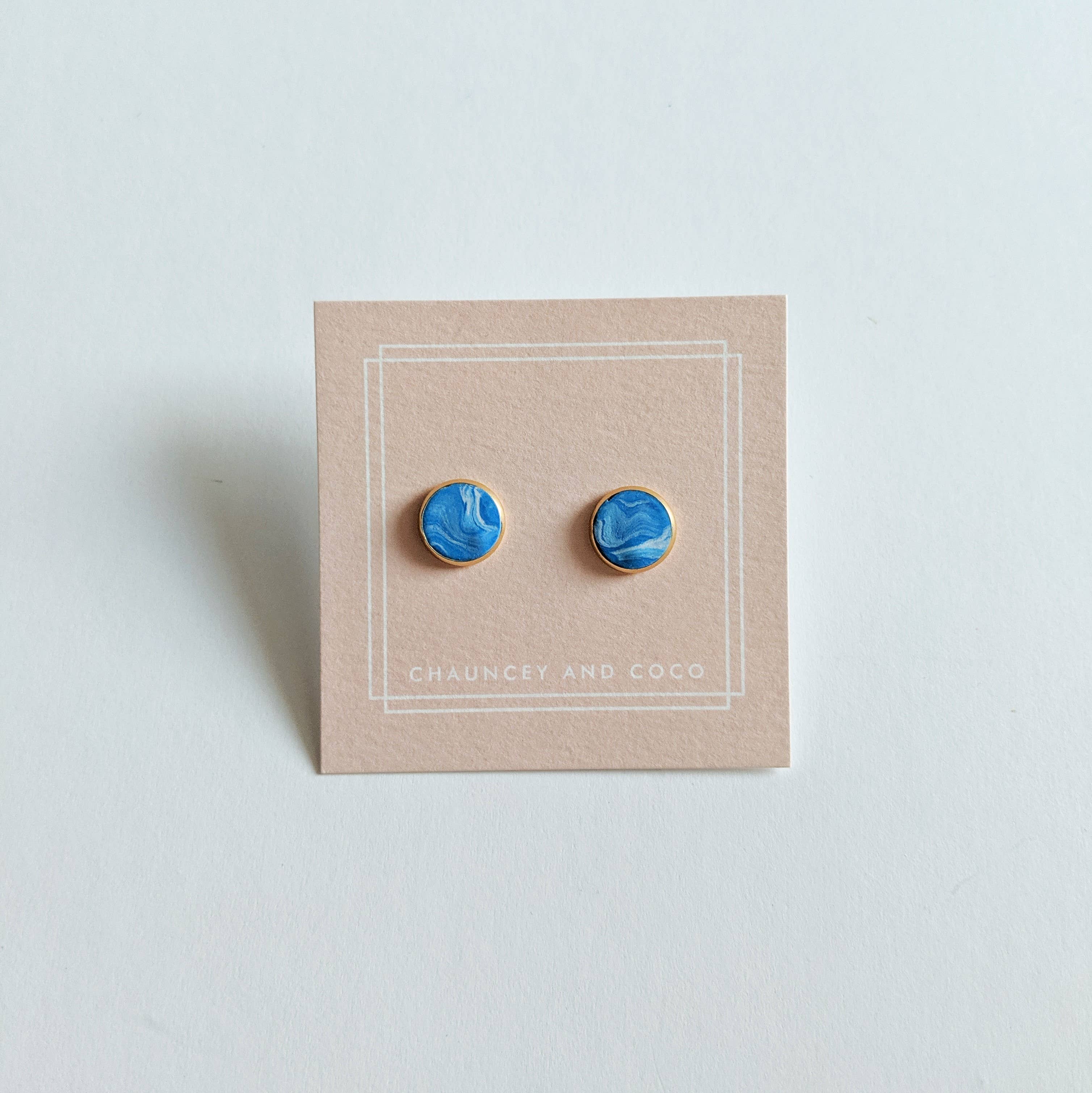 Circular Clay Stud Earrings - Ocean Blue Marble