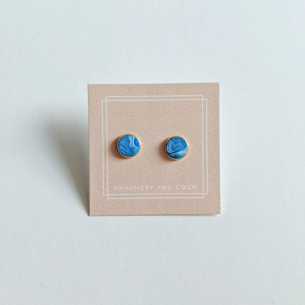 Circular Clay Stud Earrings - Ocean Blue Marble