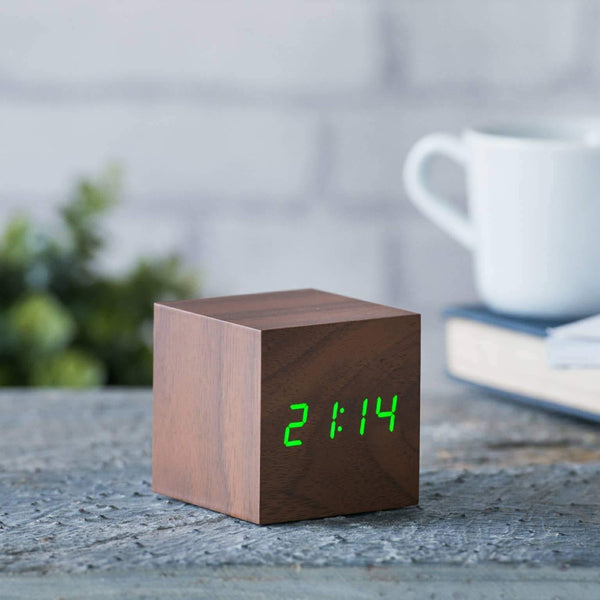 Cube Click Alarm Clock: Walnut/Green LED - DIGS
