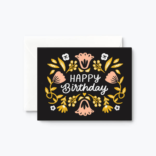 Happy Birthday Black Florals Card