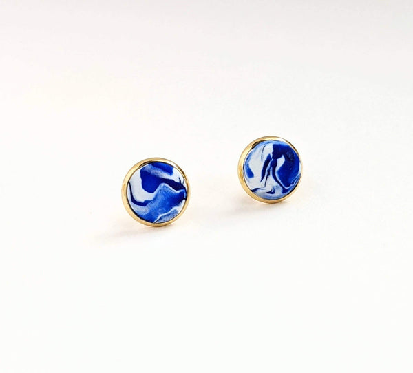 Royal Blue Marble Circular Clay Stud Earrings - DIGS