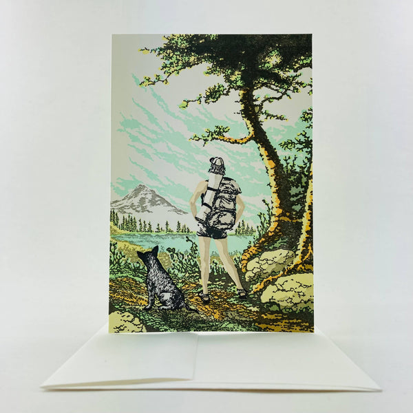 Woman and Dog Hiking in the Mountains Card
