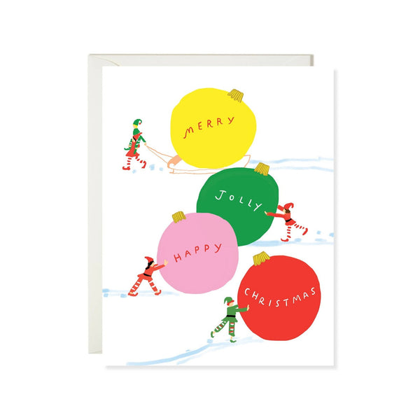Elves Pushing Ornaments Card