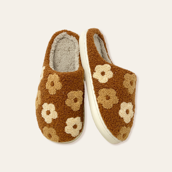 Fuzzy Slippers - Brown Flower