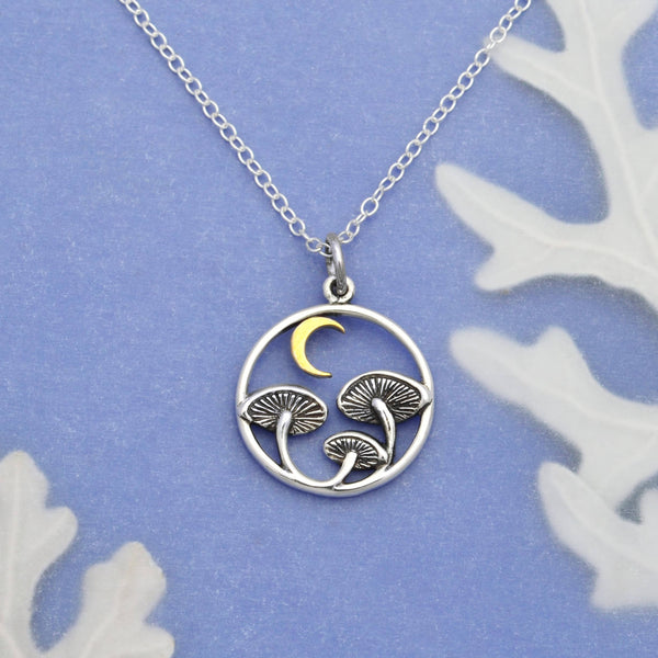 Sterling Silver Mushroom with Bronze Moon Necklace