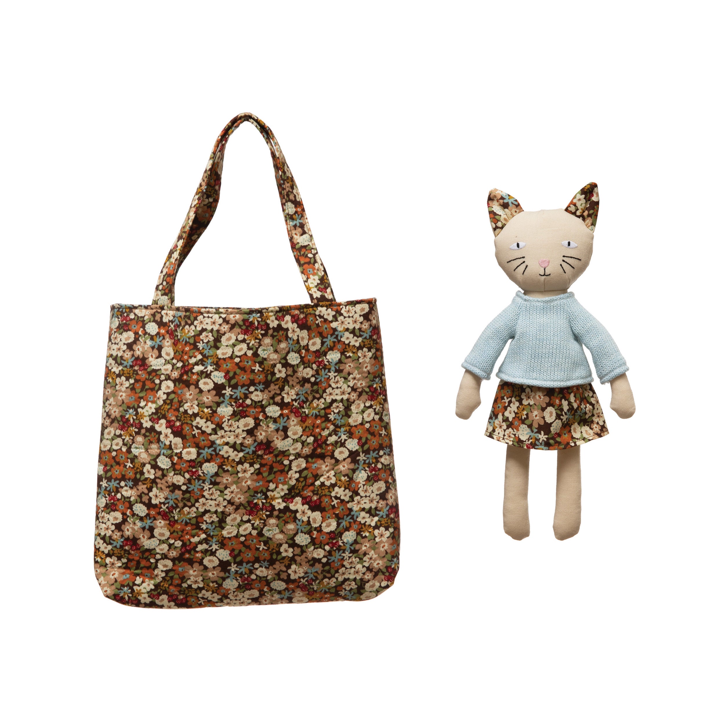 Plush Cat in Sweater Doll with Matching Flowered Tote