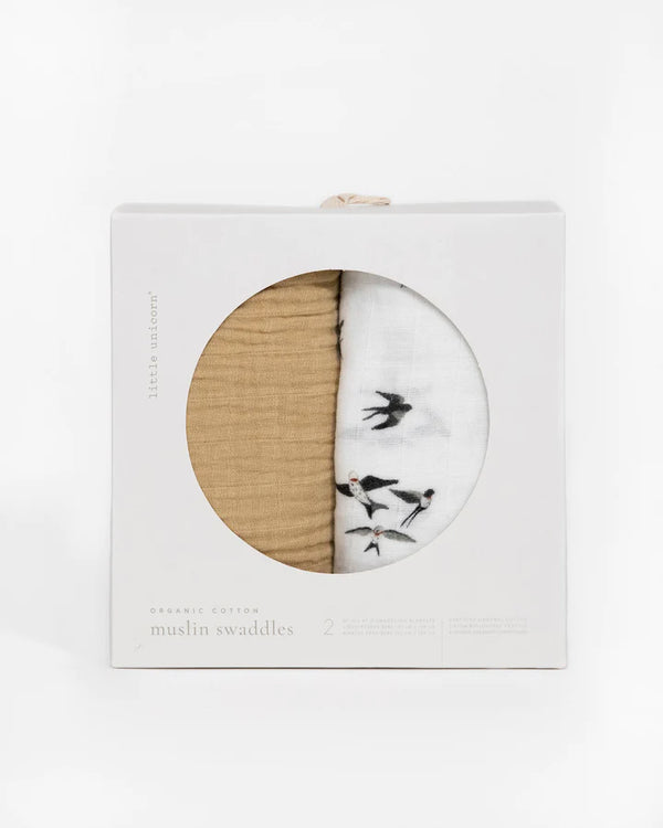 Organic Cotton Muslin Swaddle 2 Pack: Swallows