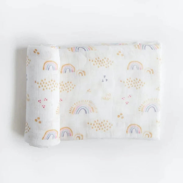Deluxe Bamboo Muslin Swaddle: Rainbows & Raindrops