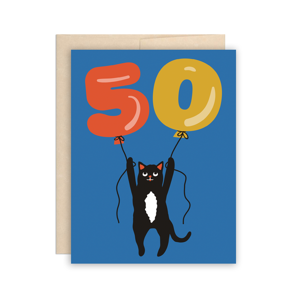 50th Birthday Balloons Cat Card