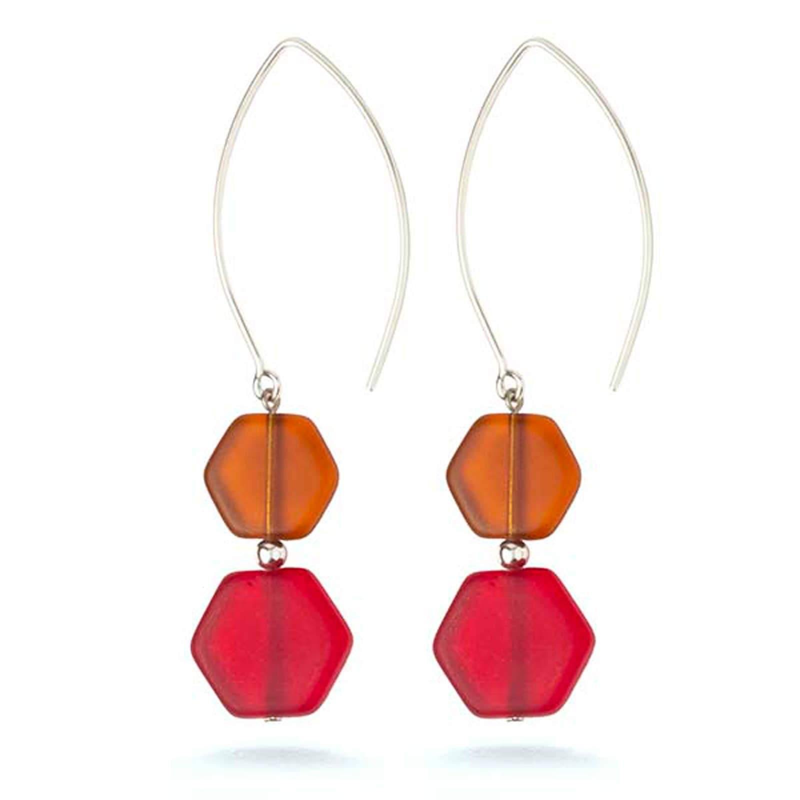 Red and Amber Glass Hexagon Earrings - DIGS