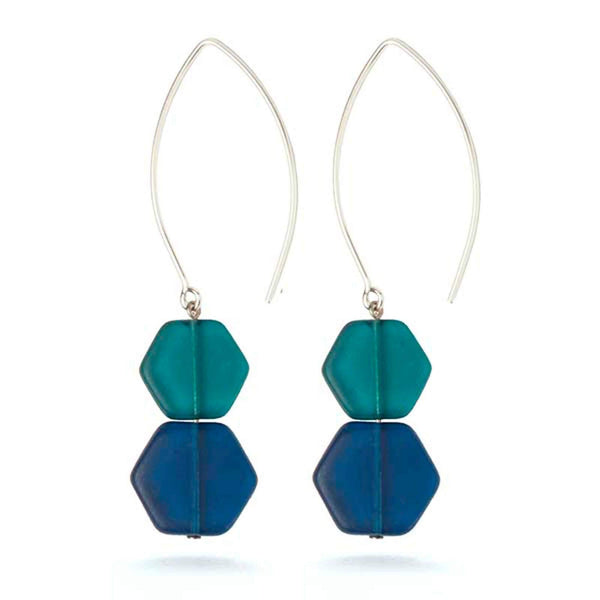 Teal and Blue Glass Hexagon Earrings - DIGS