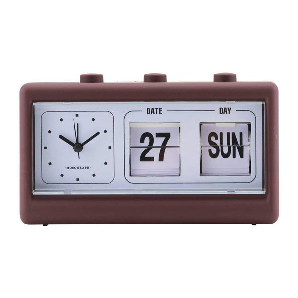 Retro Alarm & Calendar Clock: Burgundy/Brown