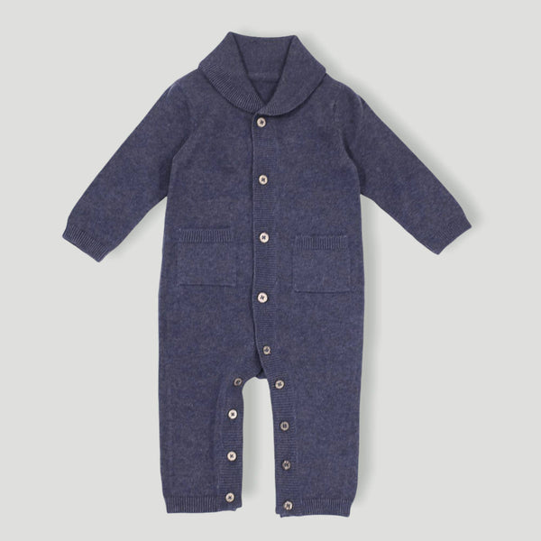 Milan Earthy Knit Shawl Collar Jumpsuit: Dusty Blue - DIGS