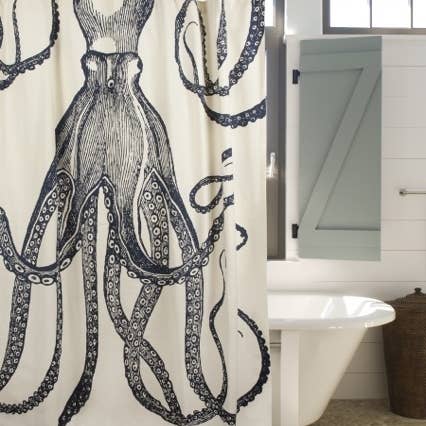 Ink Blue and White Octopus Shower Curtain by Thomas Paul