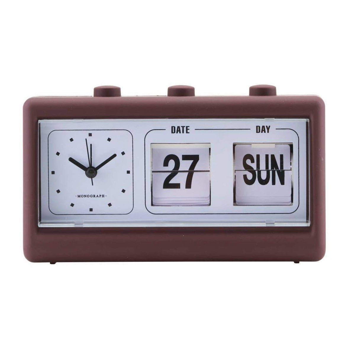Retro Alarm Clock With Calendar: Burgundy/Brown - DIGS