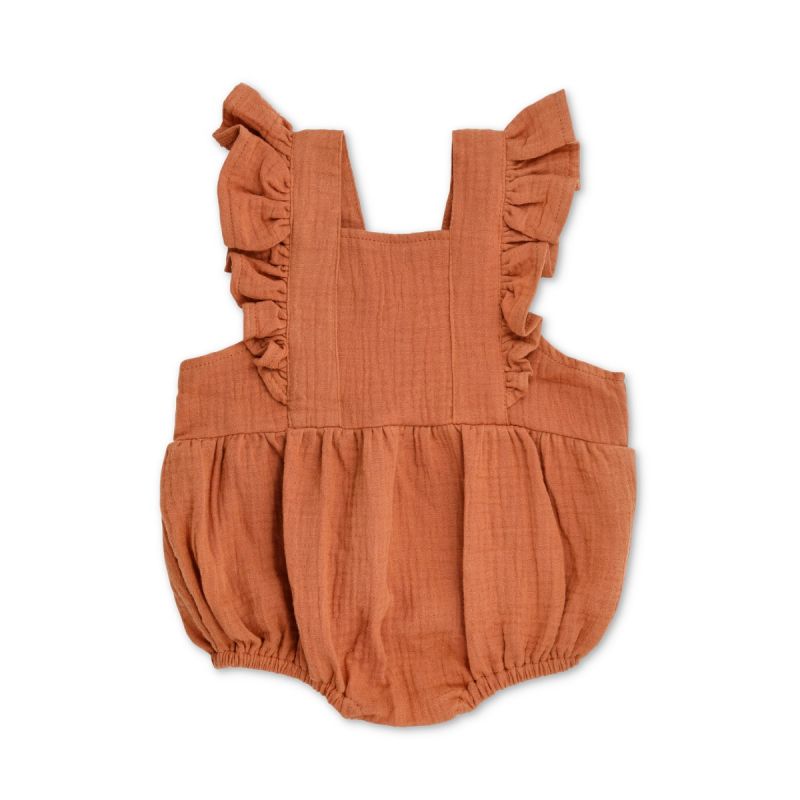 Rust Muslin Flutter Sleeve Romper - DIGS