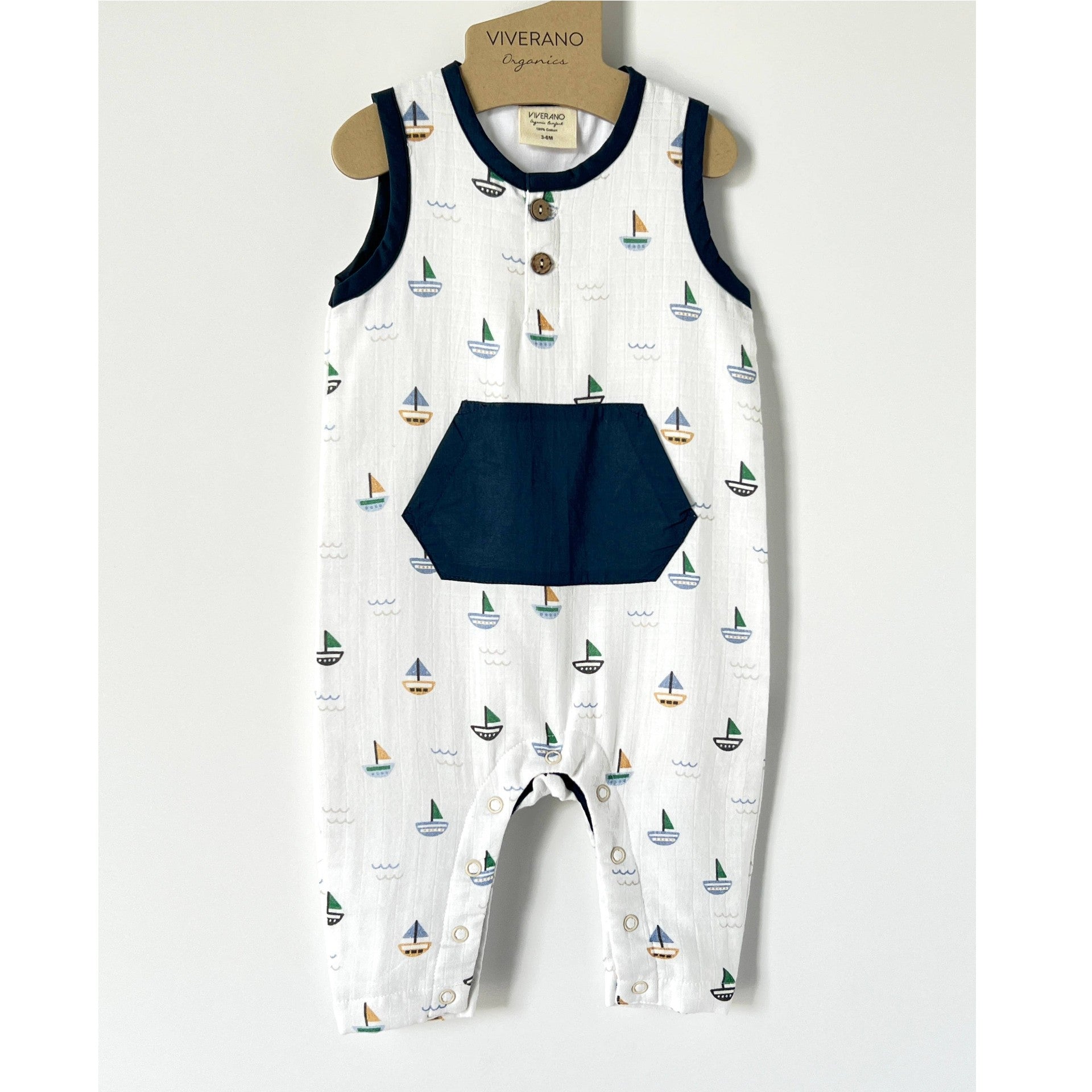 Sailboat Kangaroo Pocket Jumpsuit Organic Muslin - DIGS