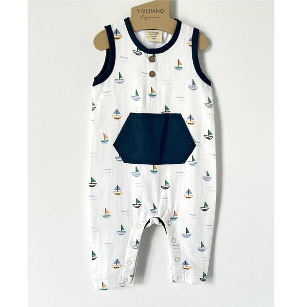 Sailboat Kangaroo Pocket Jumpsuit Organic Muslin - DIGS