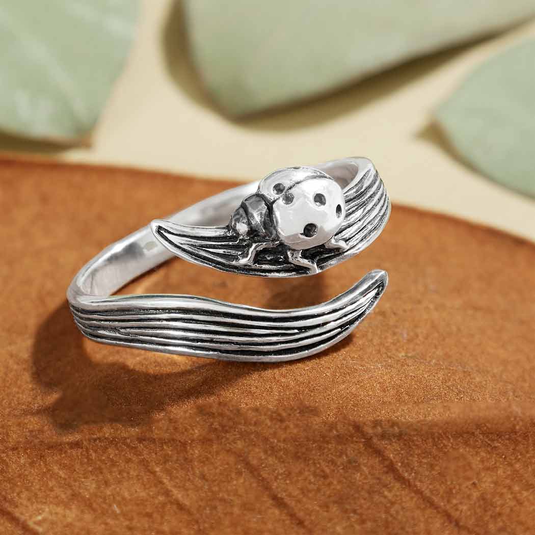 Sterling Silver Adjustable Leaf and Ladybug Ring - DIGS