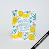 Greeting card with yellow lions and floral design on a light gray background, featuring the text 'Wildly Proud of You Congratulations!'.