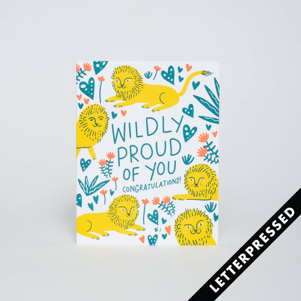Greeting card with yellow lions and floral design on a light gray background, featuring the text 'Wildly Proud of You Congratulations!'.