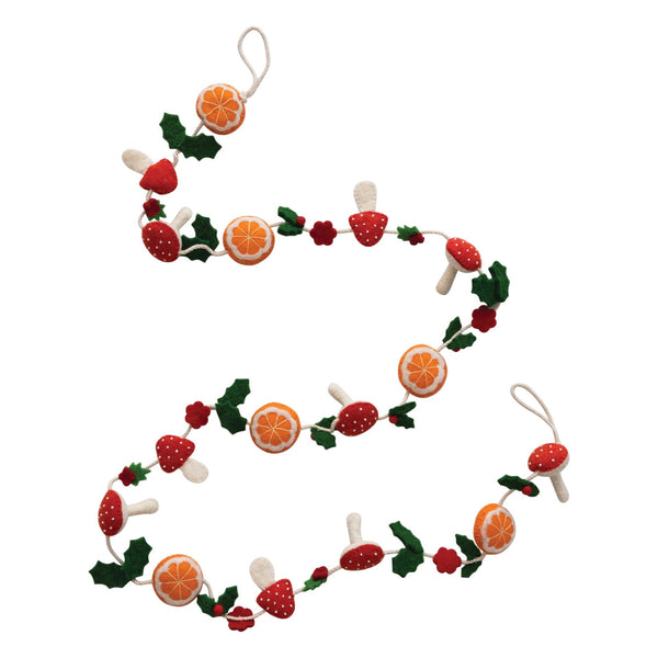 Wool Felt Mushrooms, Holly, and Oranges Garland - DIGS